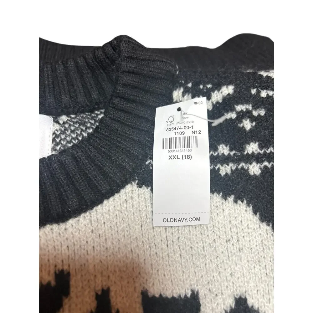 Old Navy NWT Black White Polar Bear Fair Isle Intarsia Knit Sweater XL Tall